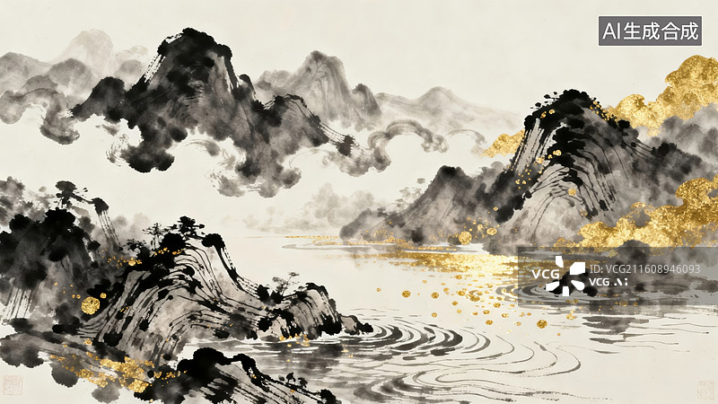 【AI数字艺术】水墨山水画中的云雾与金光图片素材