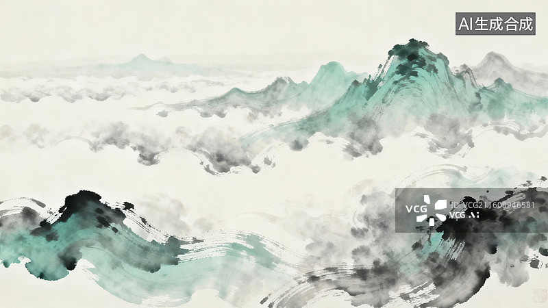 【AI数字艺术】水墨山水云雾缭绕图片素材