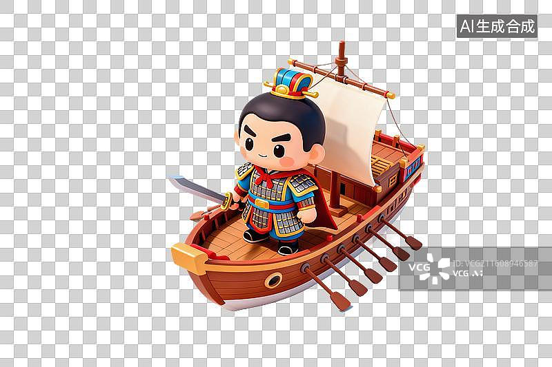 【AI数字艺术】卡通风格，站在战船上，手拿宝剑的历史人物，孙权PNG格式的免扣元素图片素材