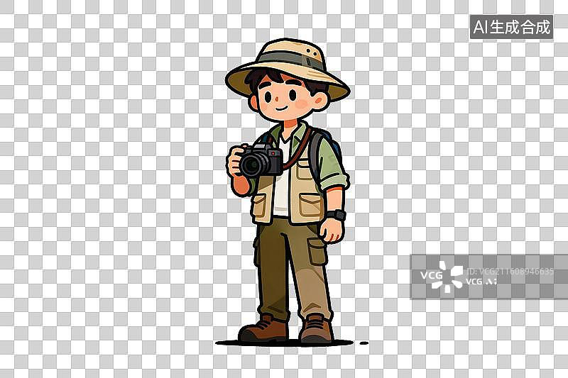 【AI数字艺术】卡通风格，手拿相机的旅行爱好者PNG格式的免扣元素图片素材