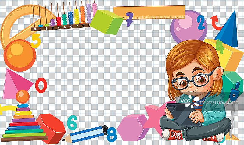 孩子在学习用品的围绕下使用平板电脑图片素材