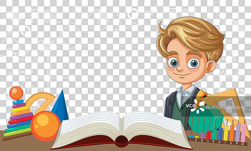 男孩使用教育工具和书籍学习数学图片素材