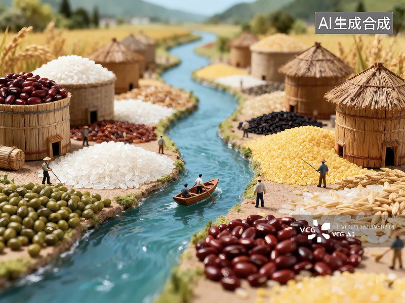 【AI数字艺术】创意微距谷物粮仓小河划船创意秋天图片素材