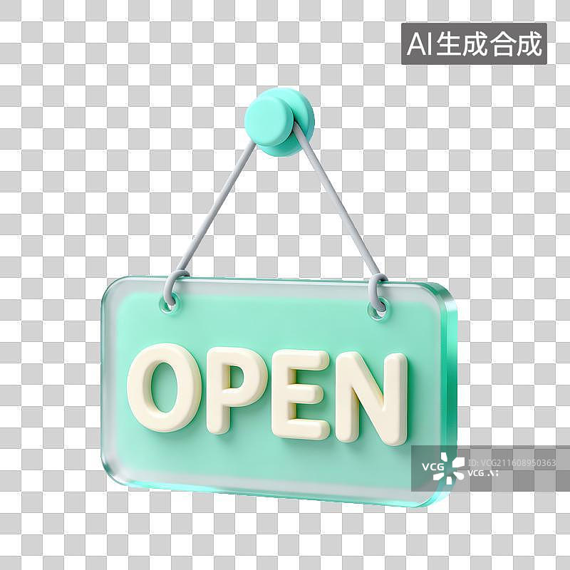 【AI数字艺术】3D磨砂玻璃材质电商购物主题店铺营业OPEN购物提示挂牌元素图片素材