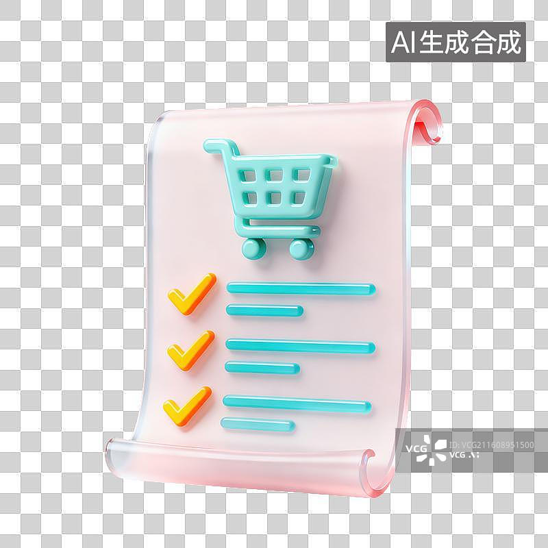 【AI数字艺术】3D磨砂玻璃材质电商购物主题购物物品清单上的购物车采购计划元素图片素材