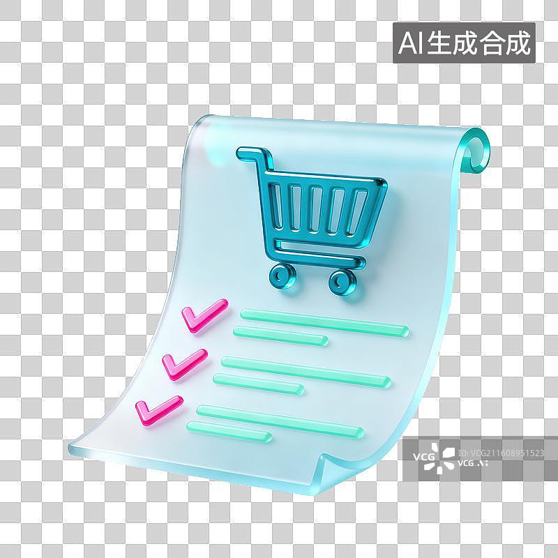 【AI数字艺术】3D磨砂玻璃材质电商购物主题购物物品清单上的购物车采购计划元素图片素材