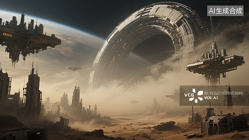 【AI数字艺术】未来末日世界漂浮在太空中的城市科幻废土风壁纸图片素材