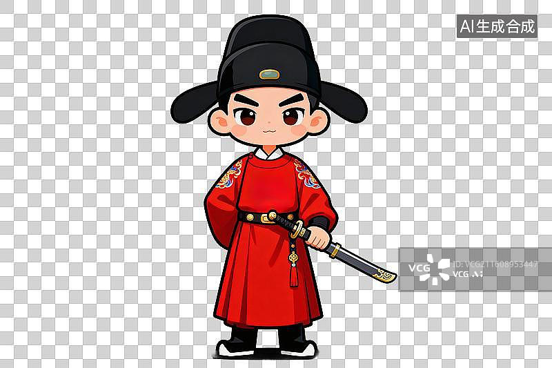 【AI数字艺术】卡通风格，手拿宝剑的明朝官员形象PNG格式的免扣元素图片素材