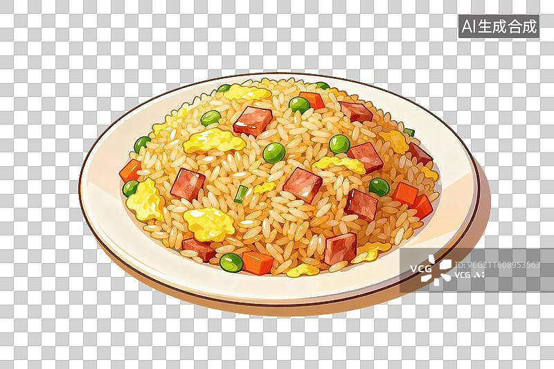 【AI数字艺术】卡通风格，一盘美味的扬州炒饭PNG格式的免扣元素图片素材