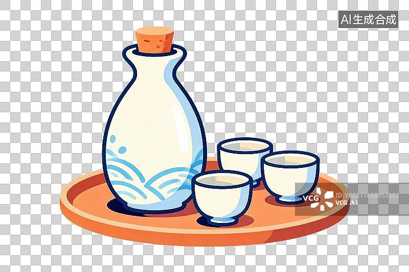 【AI数字艺术】卡通风格，一壶美酒，几个酒杯PNG格式的免扣元素图片素材