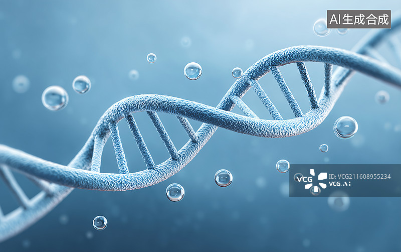 【AI数字艺术】蓝色背景下的抽象DNA及分子结构图片素材