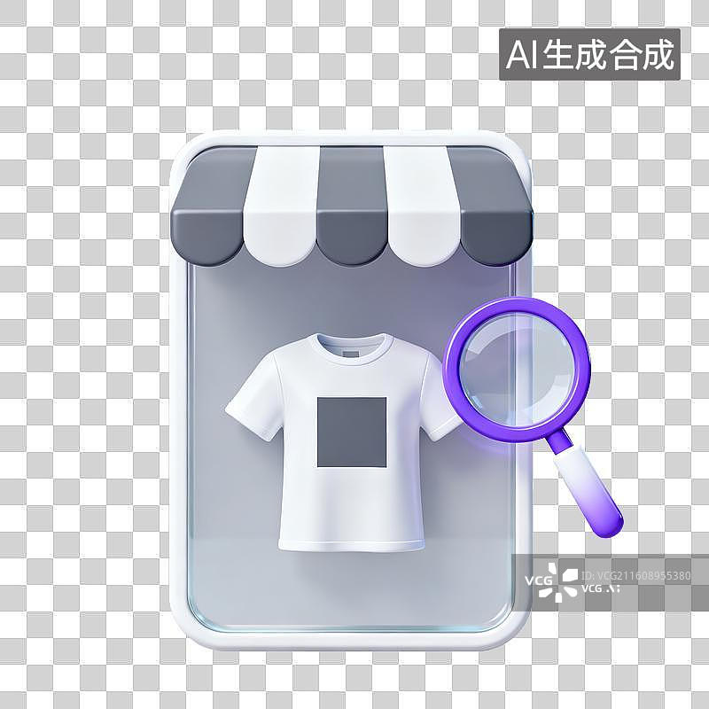 【AI数字艺术】3D磨砂玻璃材质电商购物主题手机界面线上服饰展示物品放大镜商品细节查看元素图片素材