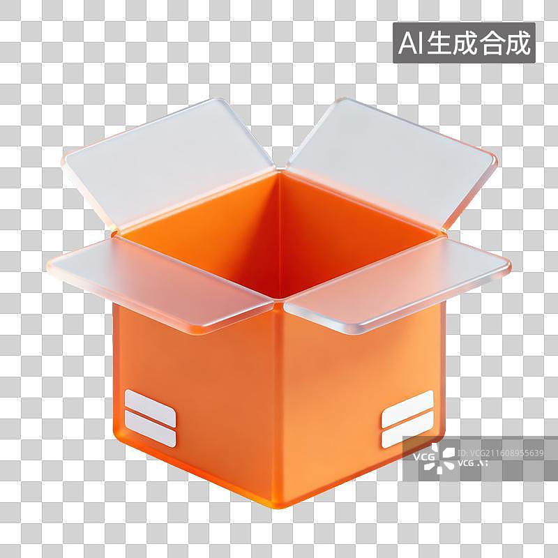 【AI数字艺术】3D磨砂玻璃材质电商购物主题打开的快递纸箱元素图片素材