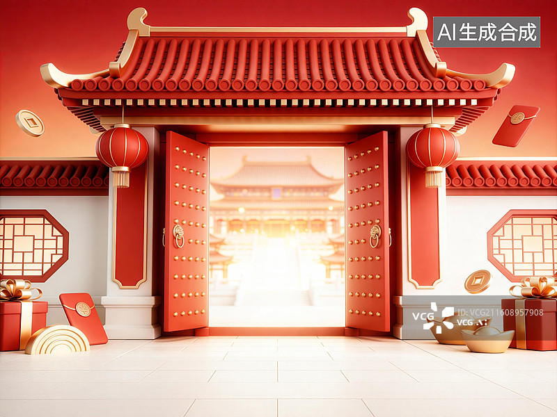 【AI数字艺术】新春中式门楼招财喜庆展示背景素材图片素材