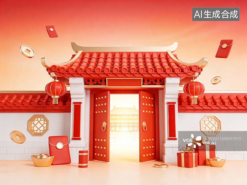 【AI数字艺术】新春中式门楼招财喜庆展示背景素材图片素材