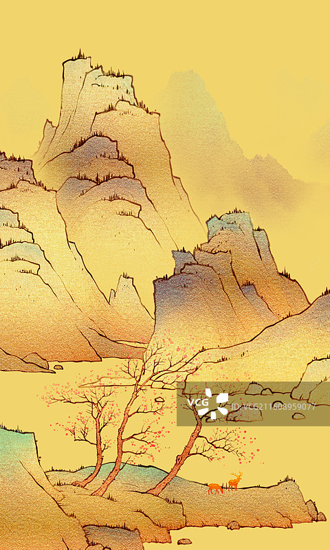 金色，山，山水，高山，中国画，山脉，风景肌理插画图片素材