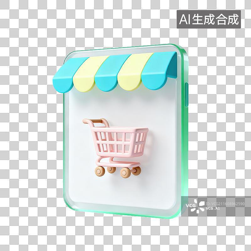 【AI数字艺术】3D磨砂玻璃材质电商购物主题线上购物网页应用界面购物车元素图片素材