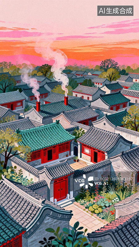 【AI数字艺术】炊烟与朝霞交融，烟火气中的团圆与祈愿， 中国传统节日插画系列图片素材