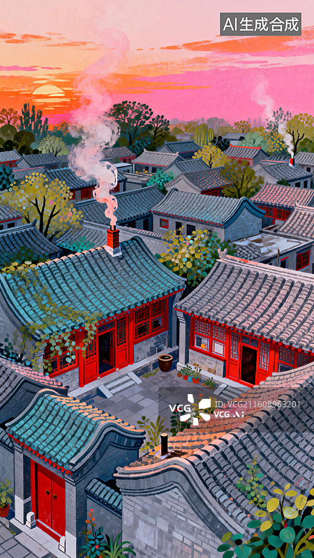 【AI数字艺术】炊烟与朝霞交融，烟火气中的团圆与祈愿， 中国传统节日插画系列图片素材
