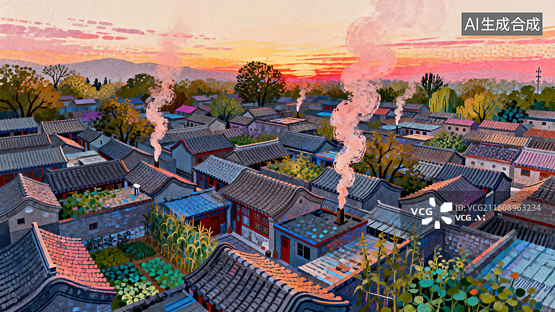 【AI数字艺术】炊烟与朝霞交融，烟火气中的团圆与祈愿， 中国传统节日插画系列图片素材
