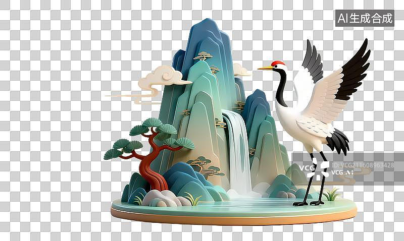 【AI数字艺术】水墨风仙鹤山水景图片素材