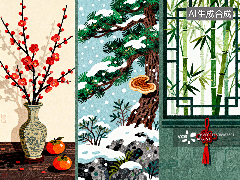 【AI数字艺术】岁寒三友贺新春 梅花松树竹子 中国传统节日插画系列图片素材