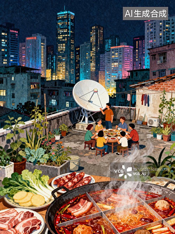 【AI数字艺术】城中村屋顶吃团圆饭 年夜饭 中国传统节日插画系列图片素材