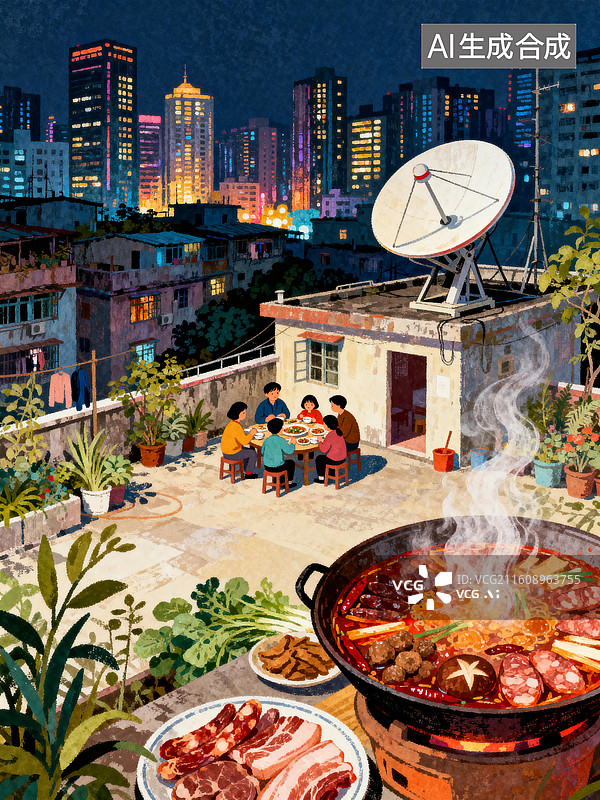 【AI数字艺术】城中村屋顶吃团圆饭 年夜饭 中国传统节日插画系列图片素材