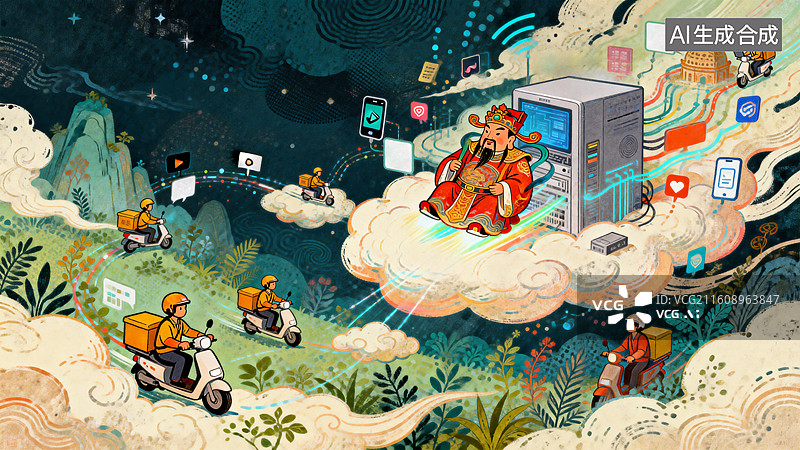 【AI数字艺术】元宇宙 财神来了 中国传统节日插画系列图片素材