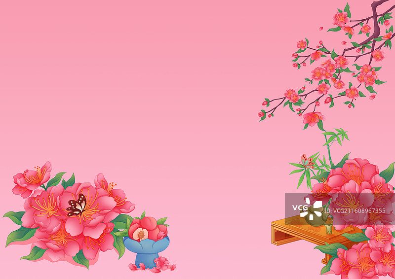 国潮风新中式桃花花簇桃花插画背景图片素材