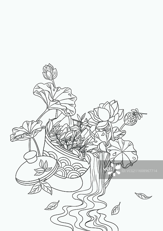 绿茶茶杯荷花国潮风线条插画图片素材