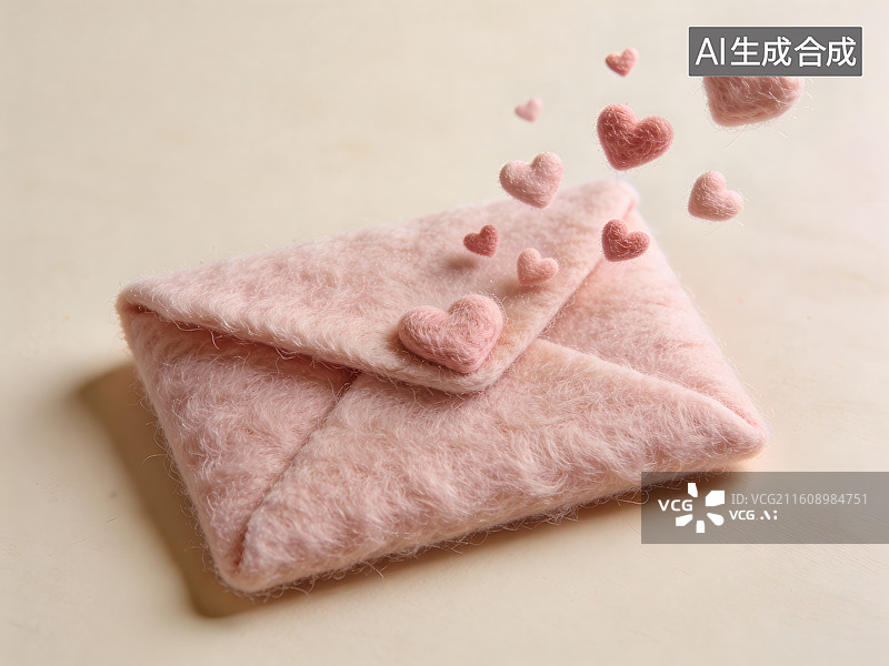【AI数字艺术】粉色毛毡信封与漂浮爱心图片素材
