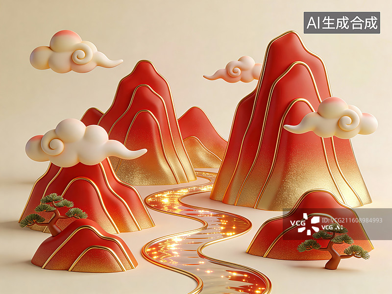 【AI数字艺术】红色山峦与云雾溪流图片素材