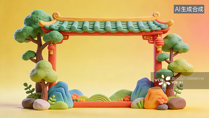 【AI数字艺术】3D卡通粘土传统国风自然植物边框图片素材