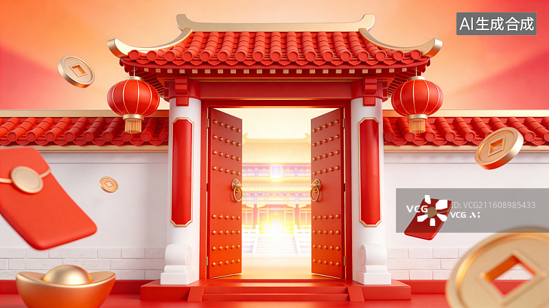 【AI数字艺术】新春中式门楼年货节招财喜庆展示背景素材图片素材