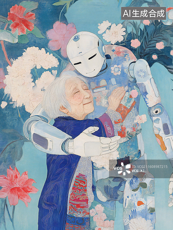 【AI数字艺术】水墨岩彩机器人养老幸福生活图片素材