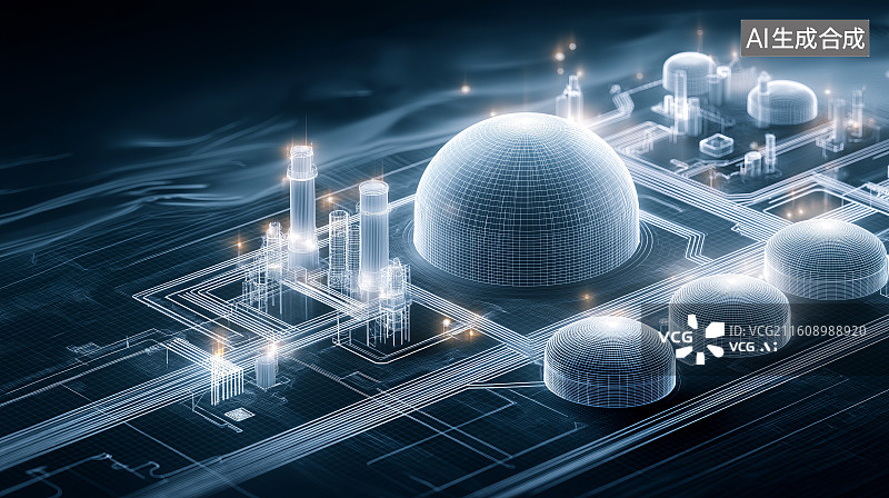 【AI数字艺术】能源科技背景——抽象蓝色发光LNG液化天然气储备罐图片素材