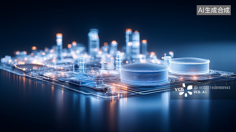 【AI数字艺术】能源科技背景——抽象蓝色发光LNG液化天然气储备罐图片素材