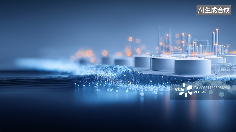【AI数字艺术】能源科技背景——抽象蓝色发光LNG液化天然气储备罐图片素材