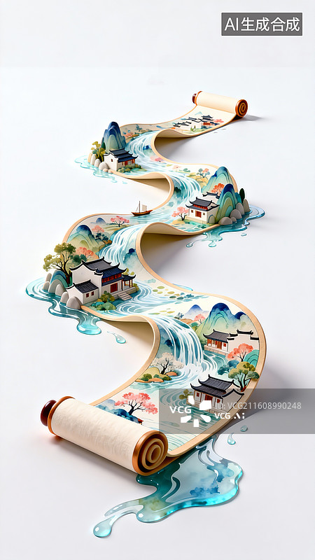 【AI数字艺术】纯白背景上的立体插画，千里长卷蜿蜒，流水丹青，江南水色，人间美景，国风风格，立体质感，有水溢出。图片素材