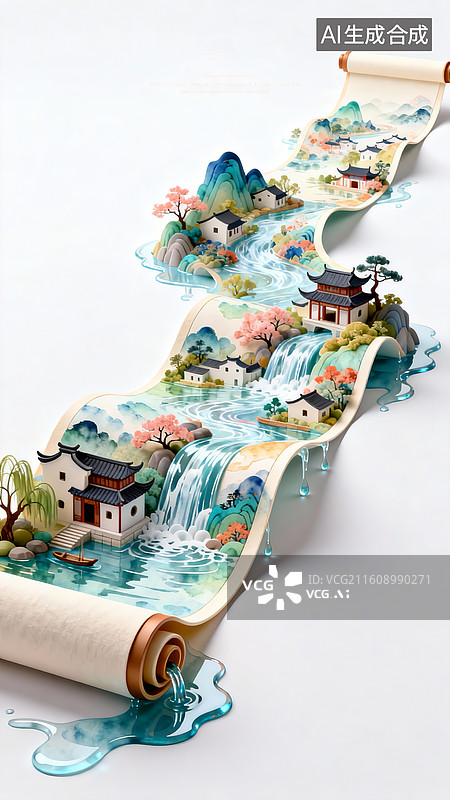 【AI数字艺术】纯白背景上的立体插画，千里长卷蜿蜒，流水丹青，江南水色，人间美景，国风风格，立体质感，有水溢出。图片素材