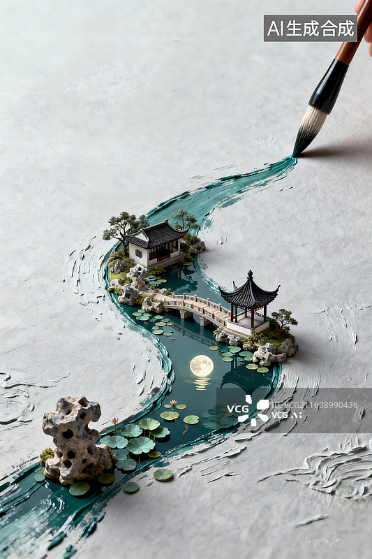 【AI数字艺术】一支正在绘画的毛笔，描绘的是微观的园林景观，油画风格，塑造立体感图片素材