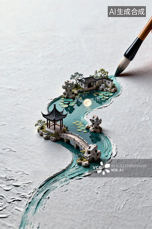 【AI数字艺术】一支正在绘画的毛笔，描绘的是微观的园林景观，油画风格，塑造立体感图片素材