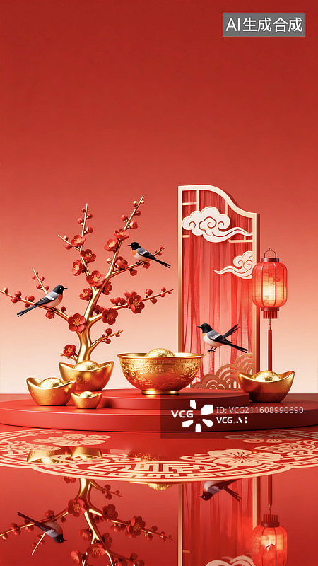 【AI数字艺术】喜鹊梅花新年元宝屏风展厅场景图片素材