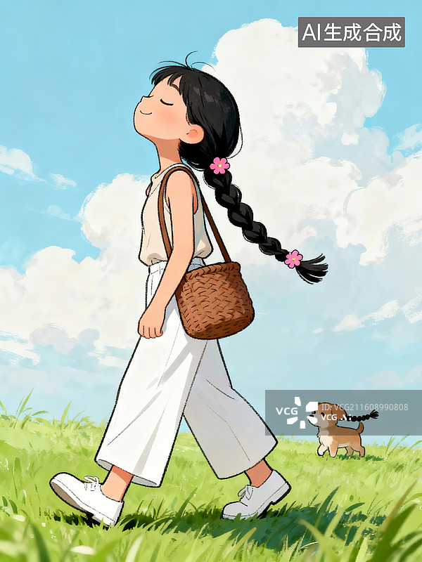 【AI数字艺术】卡通女孩，扎一个黑色长麻花辫，辫尾有粉色小花 ，闭眼微笑，背棕色编织包，绿色草地上行走，清新治愈风格图片素材