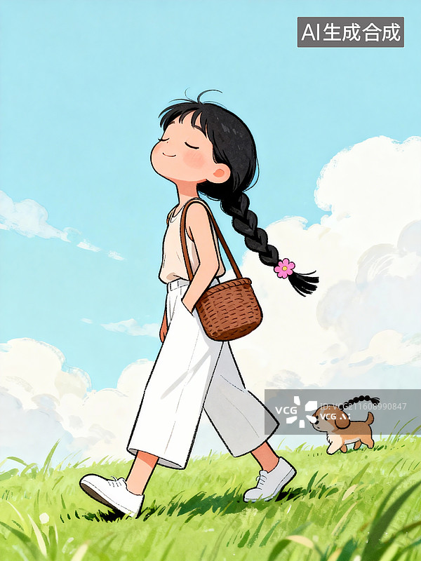 【AI数字艺术】卡通女孩，扎一个黑色长麻花辫，辫尾有粉色小花 ，闭眼微笑，背棕色编织包，绿色草地上行走，清新治愈风格图片素材
