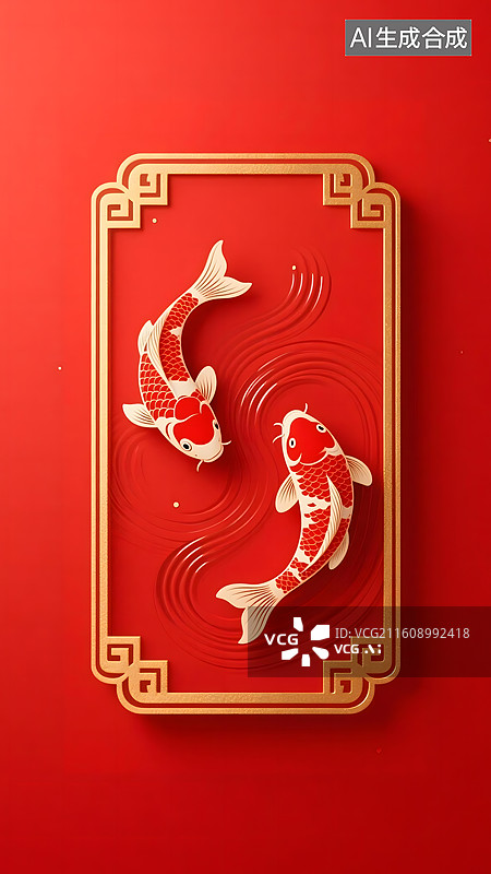 【AI数字艺术】AIGC：新年春节中式边框中的鲤鱼锦鲤，年年有余，春节新年红色背景壁纸图片素材