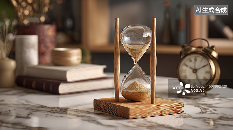 【AI数字艺术】复古风格的木质底座沙漏与旧书时钟场景图片素材