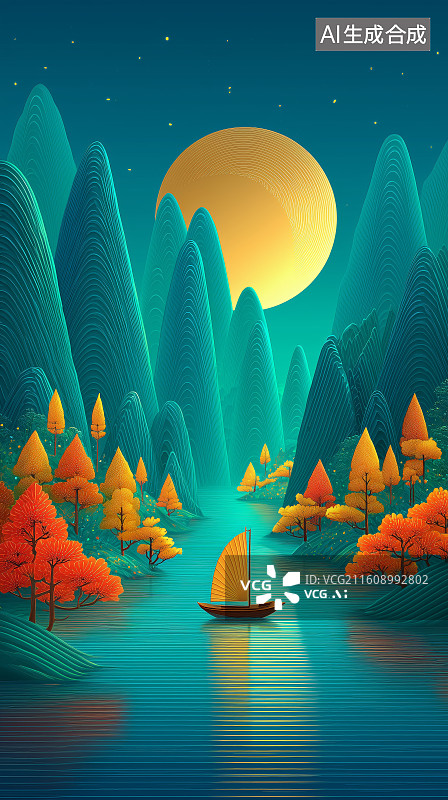 【AI数字艺术】湖光山色中的帆船夜景图片素材