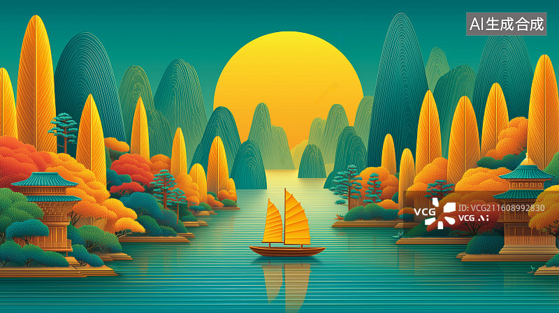 【AI数字艺术】湖光山色中的帆船夜景图片素材